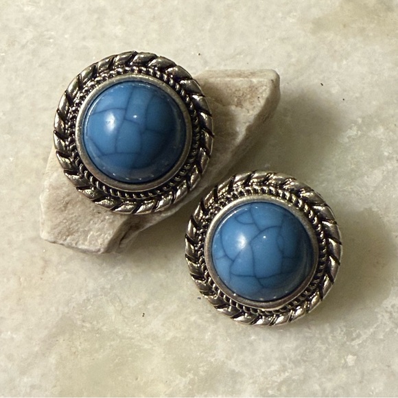 Jewelry - Blue Crackle Glass Faux Turquoise Earrings Silver-Tone Metal
New